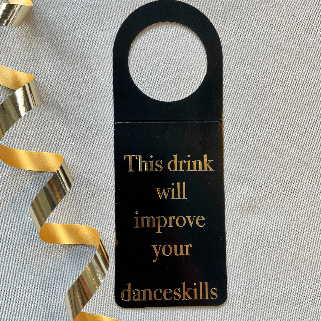 Flaskekort "Dance skills", sort/gull